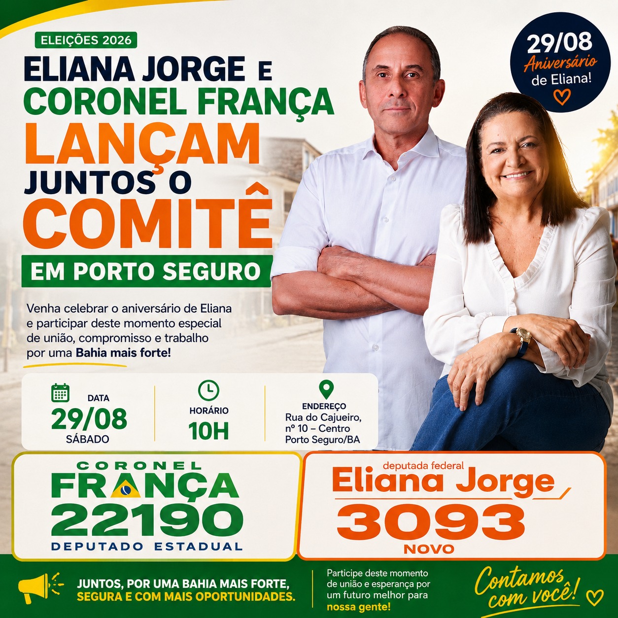 Eliana Jorge e Coronel França lançam comitê conjunto em Porto Seguro no próximo sábado